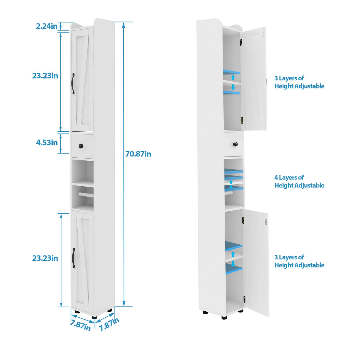 Bathroom Cabinet with Adjustable Shelf, Storage Cabinet for Small Space, Tall Cabinet with Retractable Toilet Paper Rod, Narrow Cabinet with 2 Doors, 8 Compartments (White) Maupvit