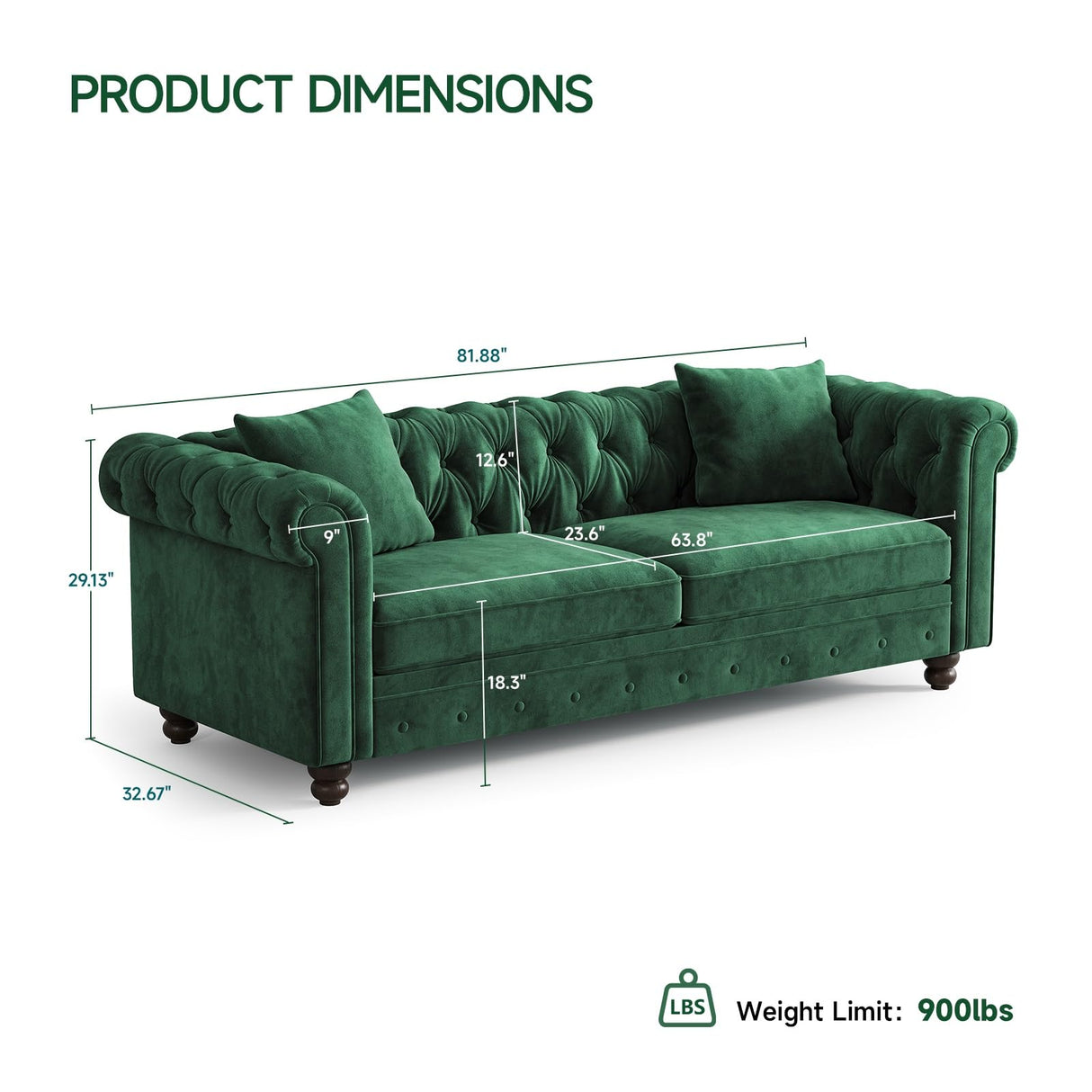 ONBRILL 82 Inch Chesterfield Sofa, 23 Inch Deep Seat Velvet Couch for Living Room, Button Tufted Couch with Rolled Arms, 2 Throw Pillows, Comfy Vintage Loveseat Sofa for Apartment, Green ONBRILL