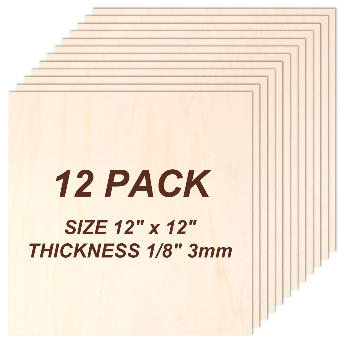 Philorn Basswood Sheets 12"x12"x 1/8", 12 Pack Plywood Sheets 3mm with Smooth Surfaces for Laser Cutting Engraving, Unfinished Wood for Crafts, Wood Burning, Architectural Models, Staining PHILORN