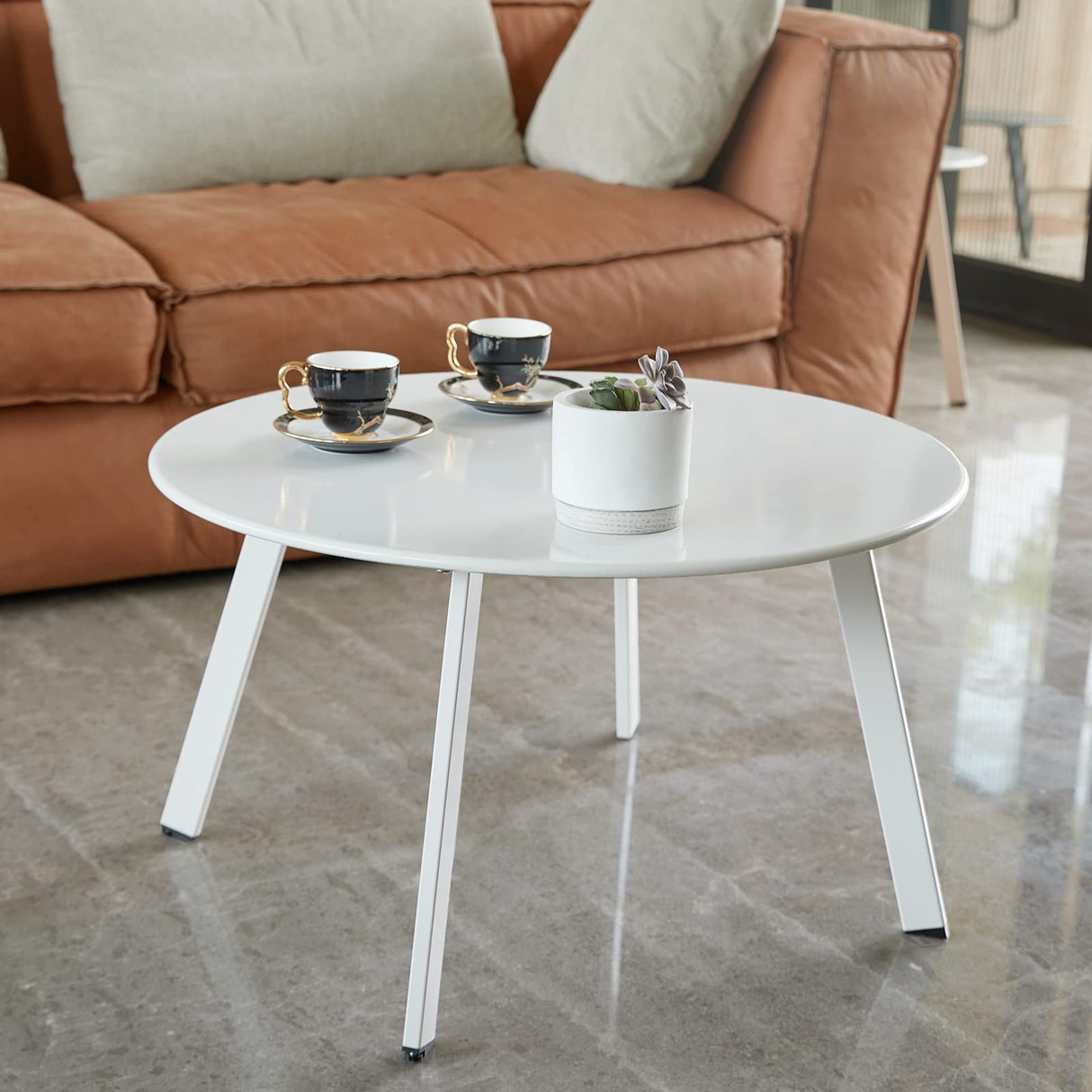 Meluvici Patio Coffee Table, Metal Steel Outdoor Round Table Weather Resistant Anti-Rust Outdoor Table, White Meluvici