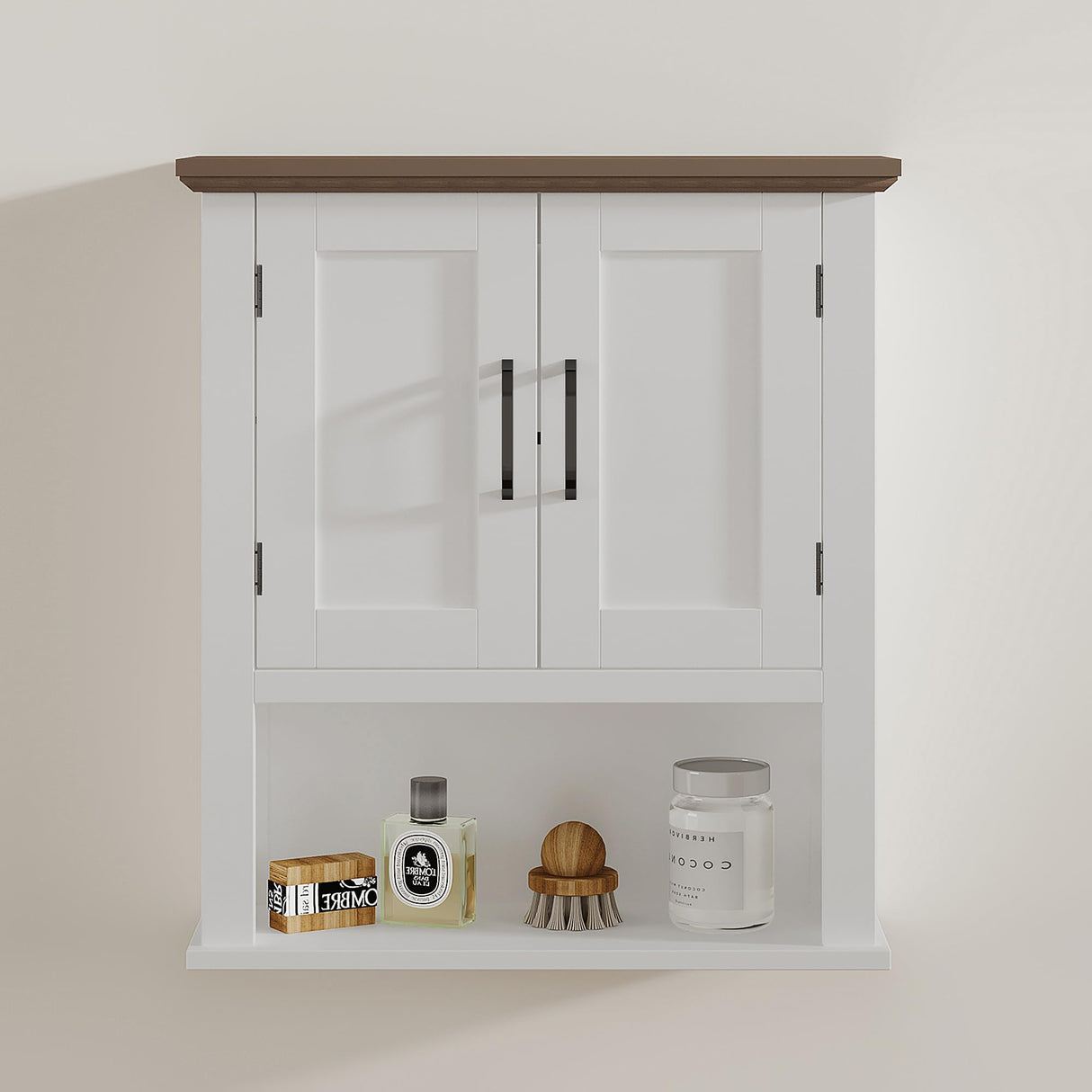 ChooChoo Farmhouse Wall Cabinet with Doors, Medicine Cabinet with Adjustable Shelves Over The Toilet, Rustic Cabinet Wall Mounted for Bathroom, Kitchen, Living Room, Antique White & Brown ChooChoo