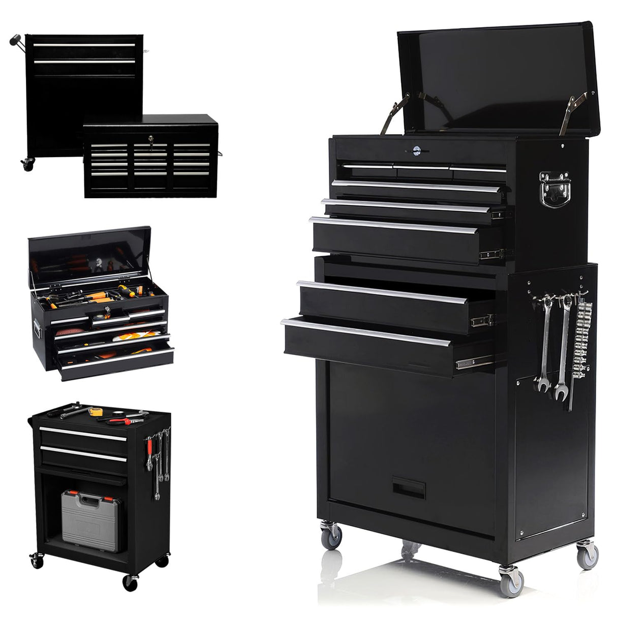 DYneeds 8-Drawer High Capacity Rolling Tool Box, Removable Cabinet Storage Tool Chest with Wheels and Drawers, Detachable Toolbox with Lock for Mechanics Garage Workshop (Black) DYneeds