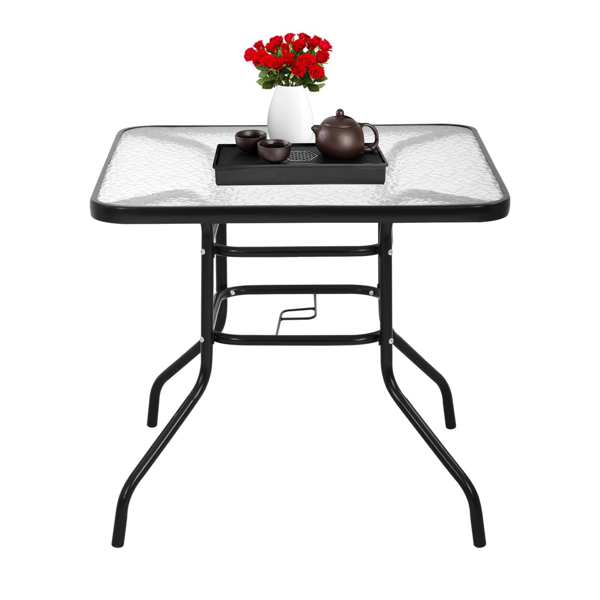 RROCOSIA 32 Inch Outdoor Bistro Table, Square Patio Table Tempered Glass Bistro Dining Set with Umbrella Hole for Garden, Balcony, Yard, Bars & Restaurant RROCOSIA