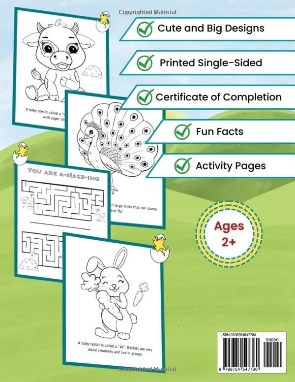 Farm Animals Coloring Book: For Kids age 2-7, Big, simple, fun, cute designs, 8.5 x 11 Inch (21.59 x 27.94 cm): cute happy farm animals coloring book (Educational Kids Coloring Books) Hweryho