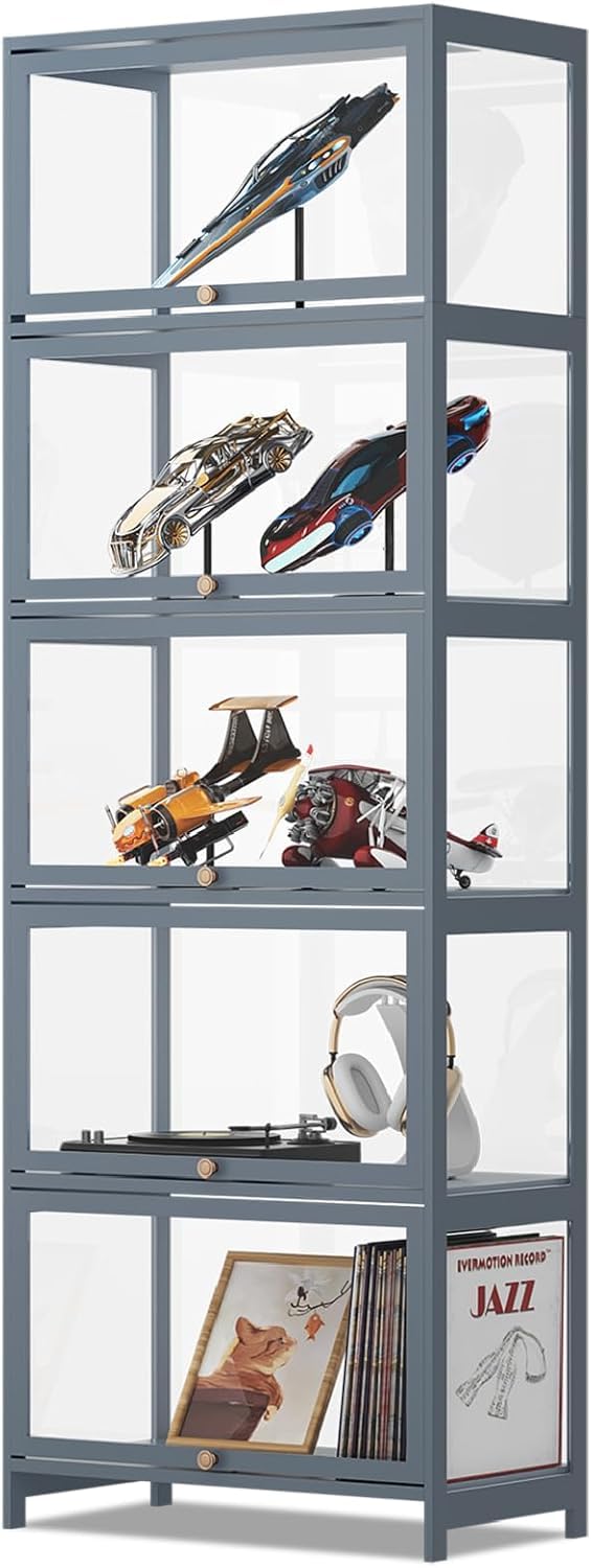 Athena Collection Curio Display Cabinet with Acrylic Doors, 5-Tier Clear Display Case 65” Hight Display Shelf for Trophy Figures Curio Collectibles for Living Room Bedroom, Grey Athena Collection