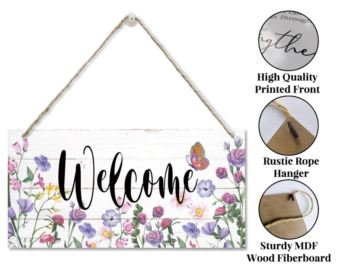 Welcome Decor Sign, Hanging Wood Sign Home Decorative, Printed Wood Wall Art Sign, Flower Welcome Sign, Yard Garden Welcome Sign, Porch Decor Sign, Farmhouse Front Door Decor Sign 12 * 6inch EDCTO