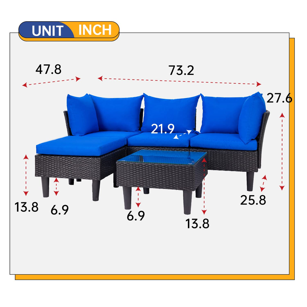 FDW 5 Pieces Patio Furniture Sets Outdoor Sectional Sofa Wicker Chair Rattan Conversation Set for Outdoor Backyard Porch Poolside Balcony Garden Furniture with Coffee Table,Blue Cushion FDW
