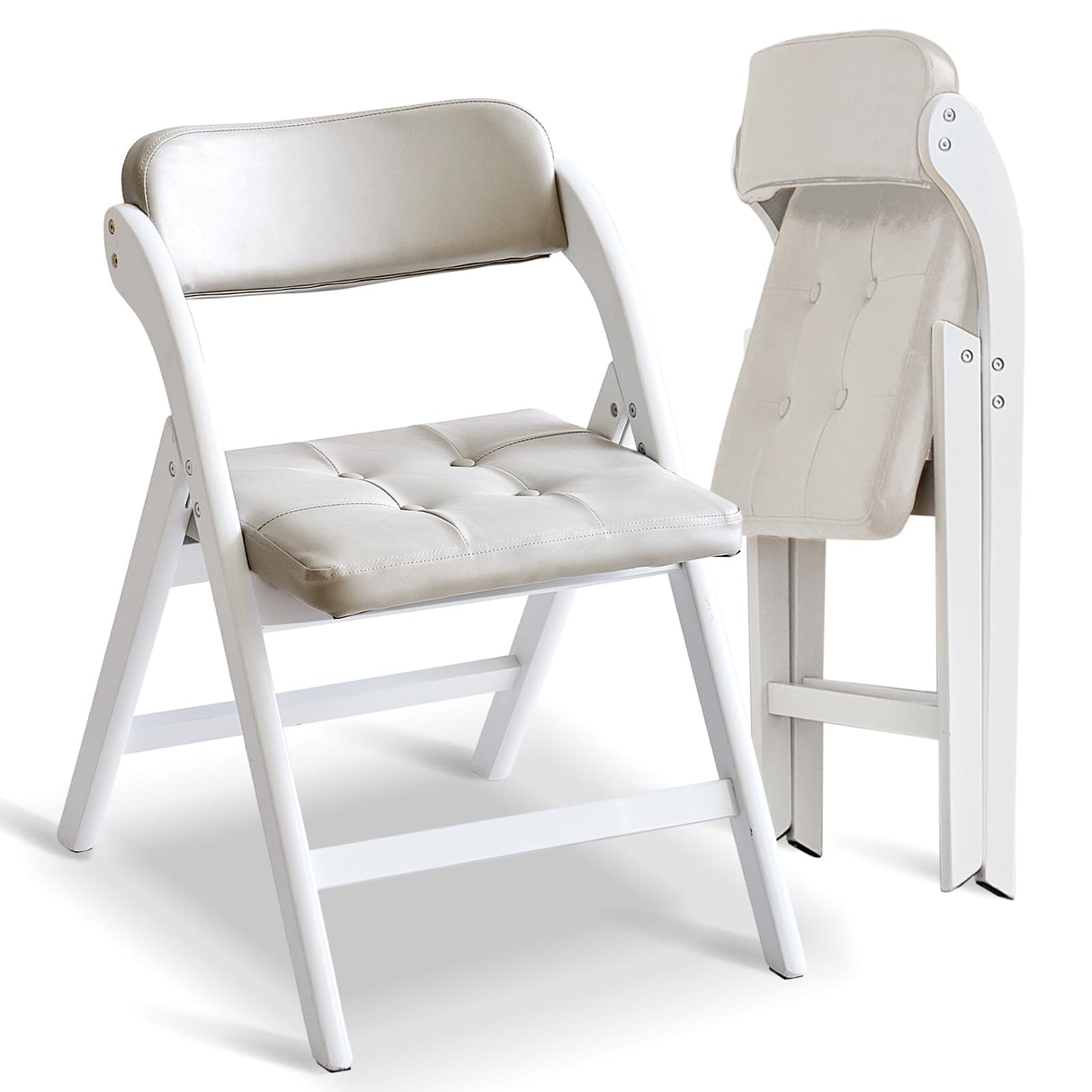 Asnefeli Wood Folding Chairs with Padded Seats, Wooden Folding Chairs Set of 2, Foldable Dining Chair with Cushion, Stackable Extra Chair for Indoor Outside Events, Party, Wedding (White Gray) Asnefeli