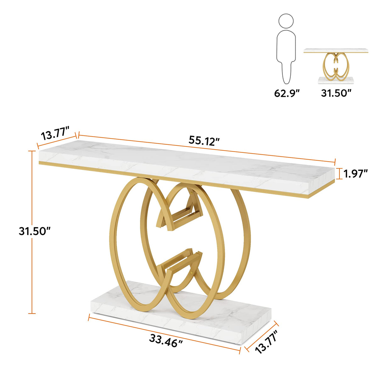 Tribesigns 55 Inch Console Table for Hallway, Faux Marble Gold Entryway Table with Geometric Metal Base, Modern Narrow Sofa Accent Table for Entrance, Living Room, Foyer (White & Gold) Tribesigns