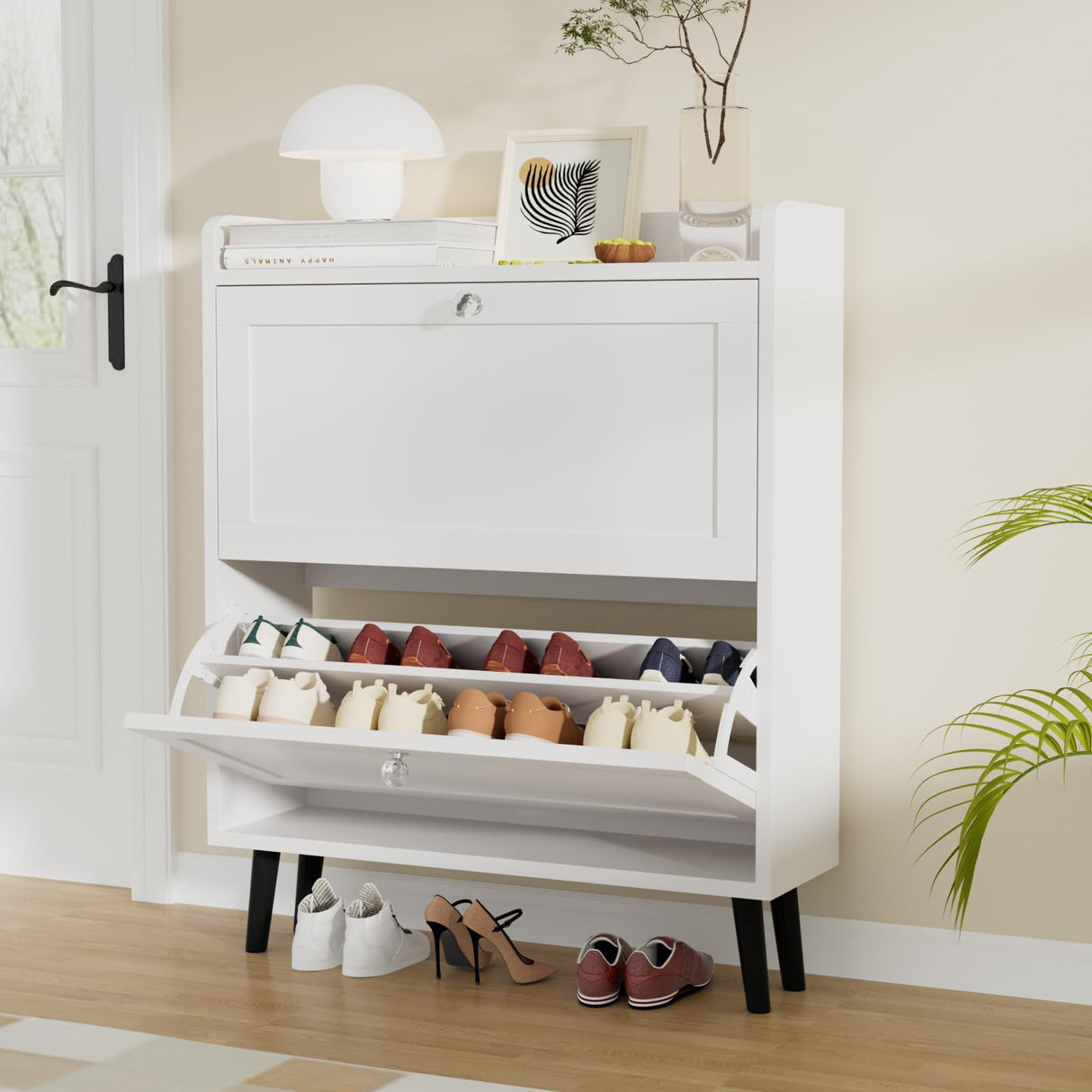 VOWNER Shoe Storage Cabinet with 2 Flip Drawers, Shoe Cabinet with Open Storage & Crystal Handle, Narrow Shoe Rack Organizer for Entryway, Hallway, White VOWNER