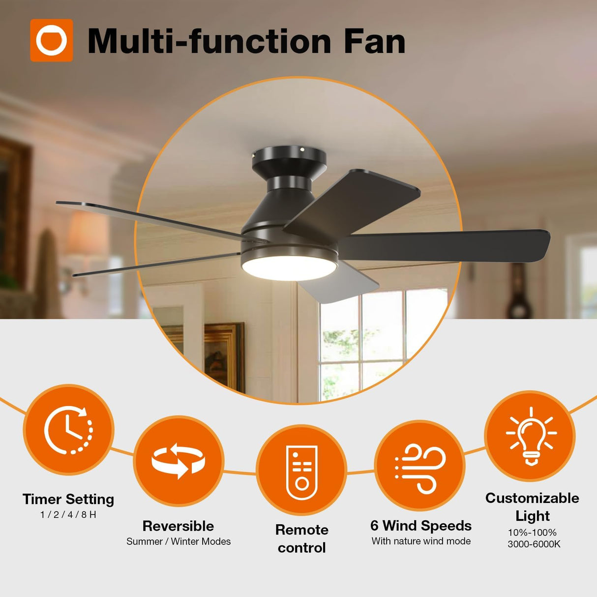 addlon Ceiling Fans with Lights, 42 Inch Low Profile Ceiling Fan with Light and Remote Control, Flush Mount, Reversible, 3CCT, Dimmable, Quiet, Black Small Ceiling Fan for Bedroom Indoor/Outdoor Use addlon