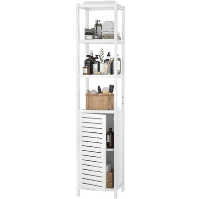 Homykic Bamboo Narrow Bathroom Storage Cabinet, 6-Tier 67 Inch Tall Floor Standing Slim Cabinet Organizer with Shutter Door and Open Shelves for Kitchen, Living Room, Corner, White