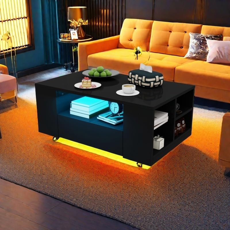 DWVO LED Modern Coffee Tables for Living Room, High Gloss Black Coffee Table with Storage, Small Wood Center Coffee Table with Open Side Shelf and 2 Sliding Drawers, Black DWVO