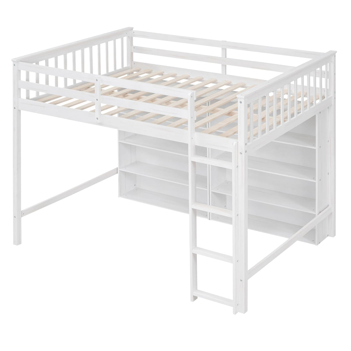 Full Loft Bed with 8 Storage Shelves, Wooden Loft Beds Frame with Bookcase, High Loft Bed with Ladder for Kids Boys Girls Teens, Antique White Bellemave