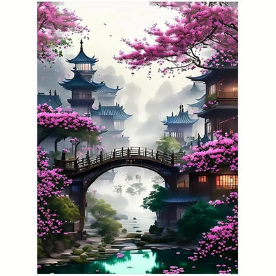 MOMDEDP 5D Bridge Flower Diamond Art Painting Kits for Adults Diamond Art Sakura Landscape Diamond Painting Full Drill Crystal Rhinestone Embroidery Craft Kits for Home Wall Decor Gifts, 12x16inch