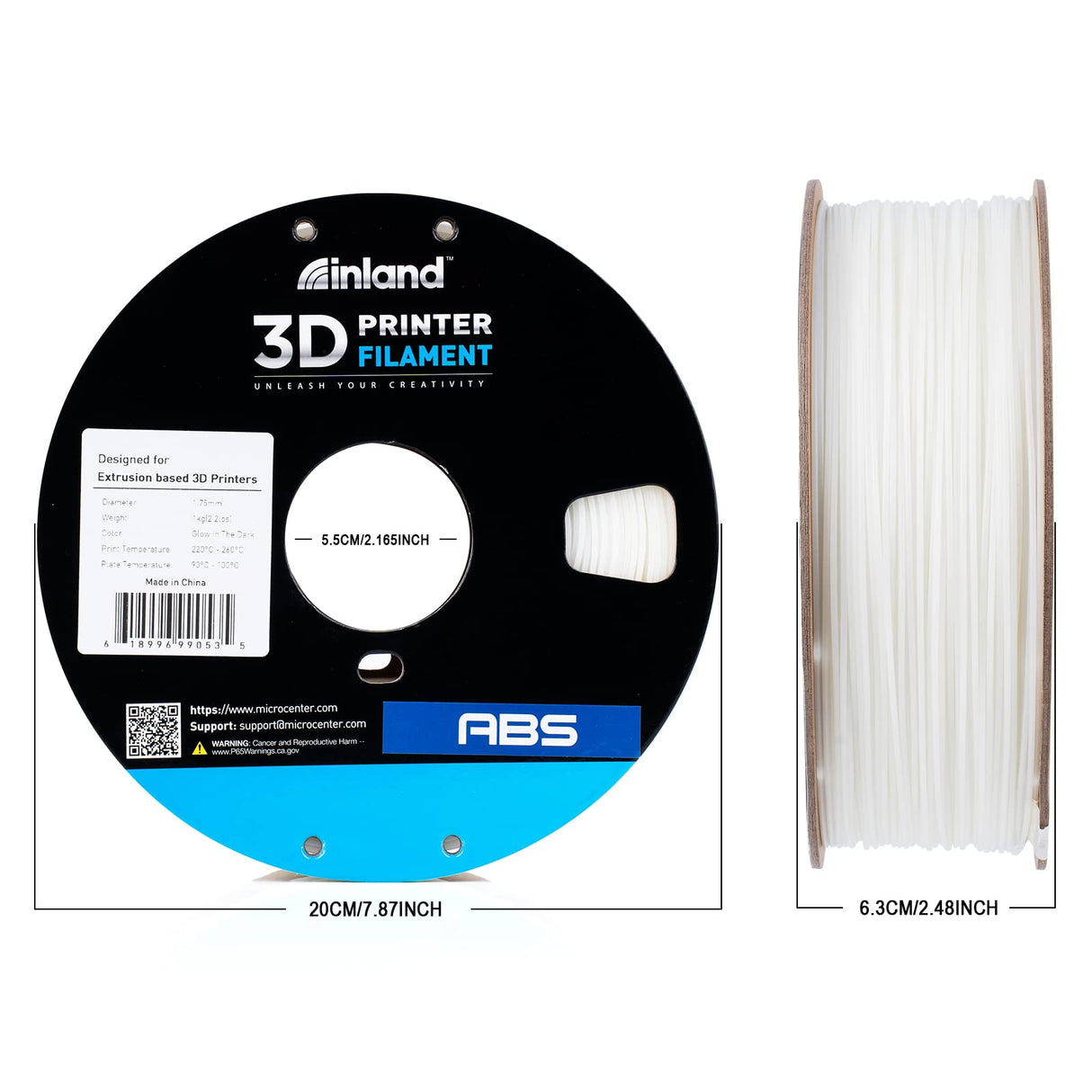 INLAND ABS Filament 1.75mm, ABS 3D Printing Filament, Dimensional Accuracy +/- 0.03 mm - 1kg Cardboard Spool (2.2 lbs) - Heat Resistant Glow in The Dark ABS Filament INLAND