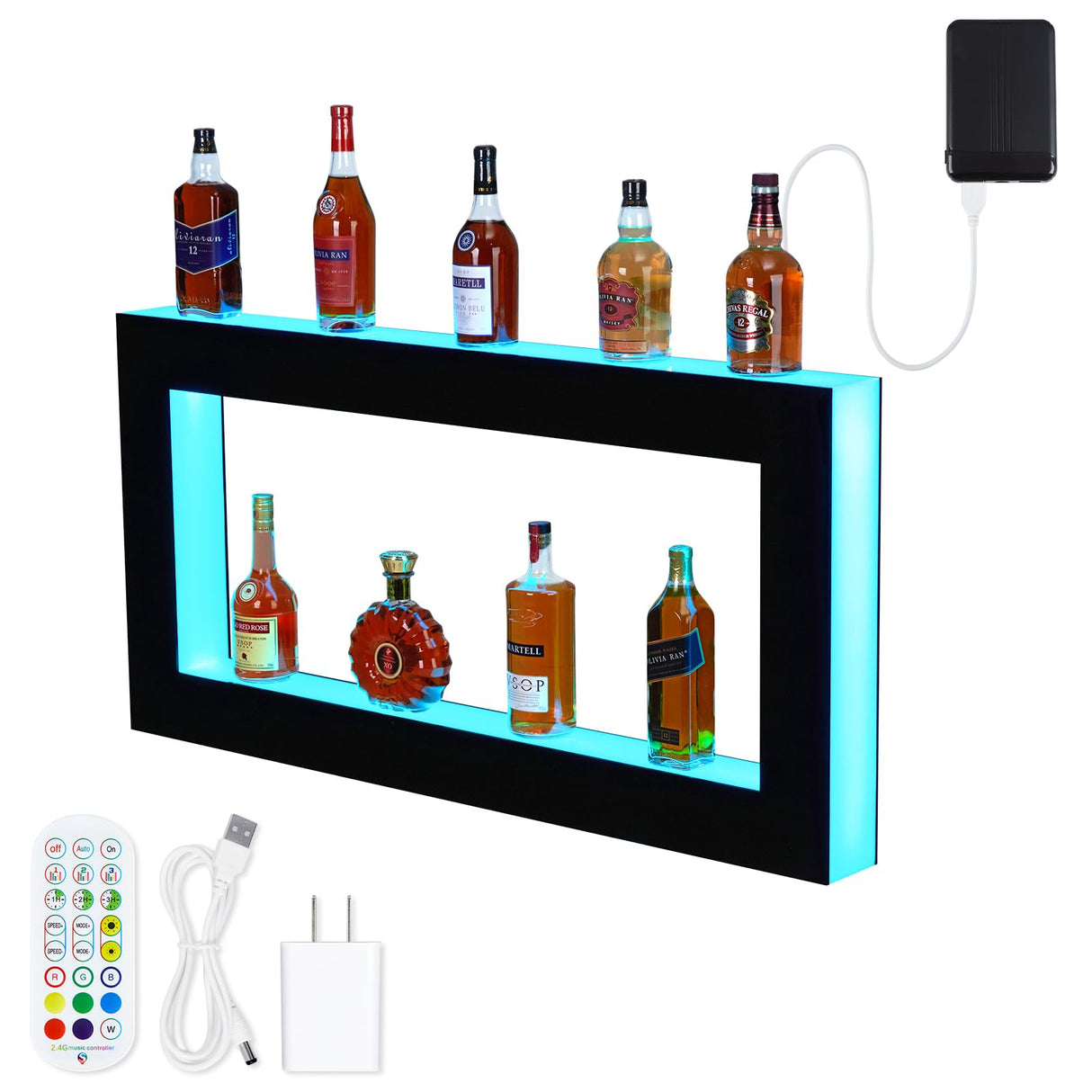 Takywep LED Lighted Liquor Bottle Shelf, Square 2-Tier 48 Inch Bar Bottle Display Shelf with Remote & App Control, 16 Colors, Wall Mounted Acrylic Liquor Shelf for Home Commercial Bar Takywep