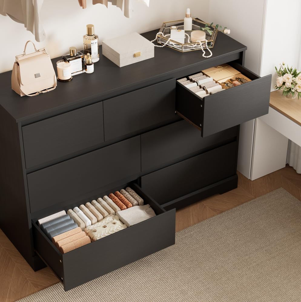 FACBOTALL Dresser for Bedroom, Modern White Dresser, Wood Chest of Drawers Nursery Dresser with Storage, 7 Drawer Double Dresser with Handle Free, Large Storage Dresser Organizer for Living Room,Black FACBOTALL
