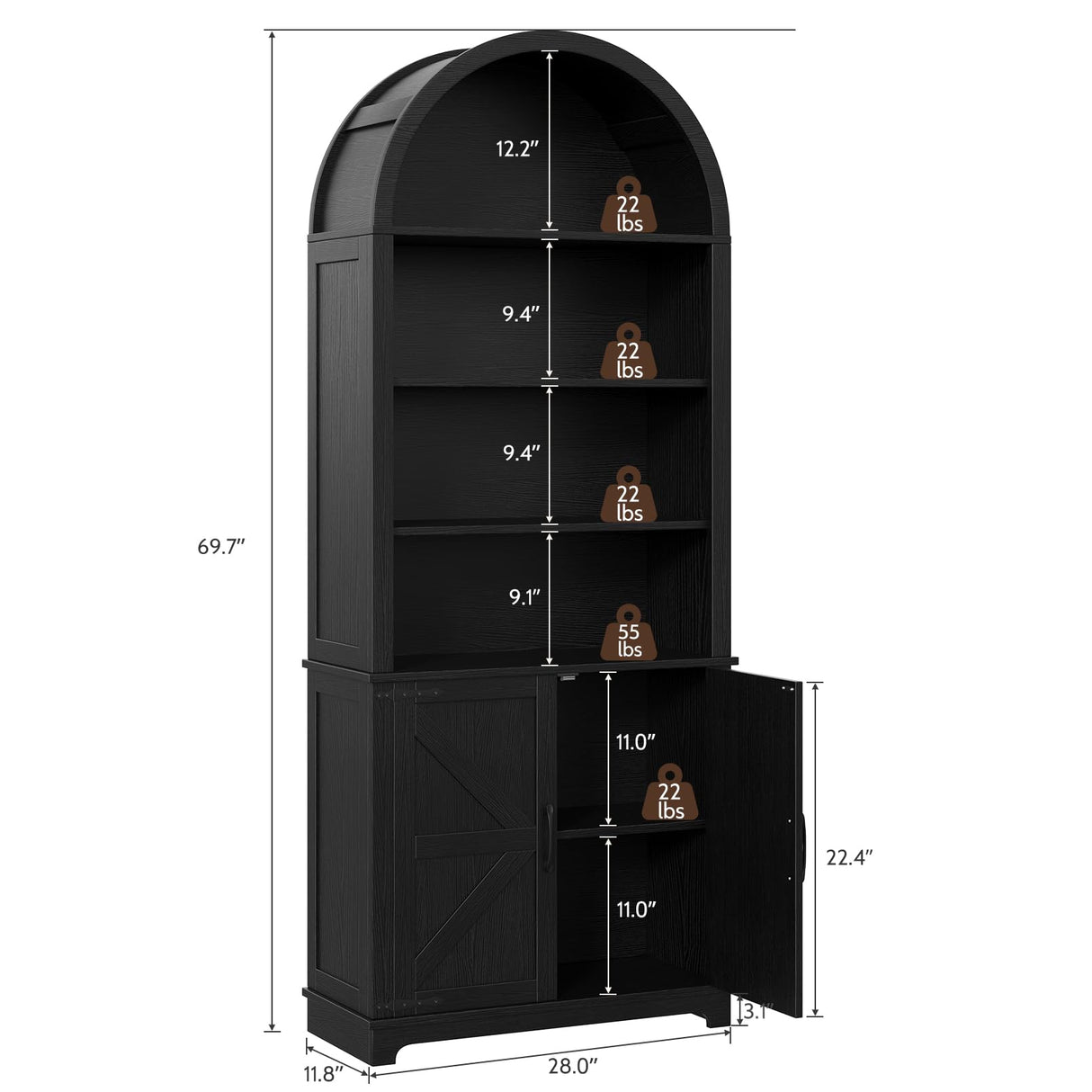 Vividwood 6-Tier Farmhouse Arched Bookshelf Bookcase with Doors, 70" Tall Storage Cabinet and Display Shelves, Open Shelves for Living Room or Office, Black Vividwood
