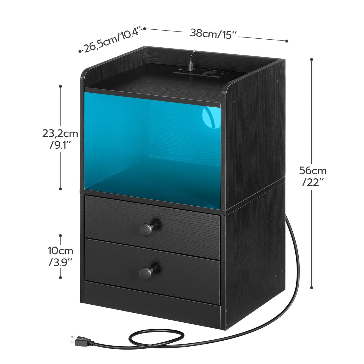 HOOBRO Nightstand with Charging Station, Modern Night Stand with LED Lights, Side Table with 2 Drawers, Bedside End Table with USB Ports and Outlets, Night Stands for Bedroom, Black BK28UDBZ01 HOOBRO