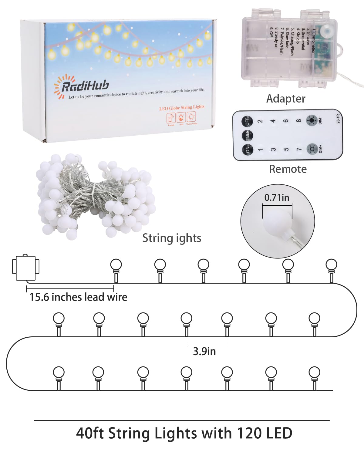 RadiHub Globe String Lights,Battery Operated Lights with Remote Timer Waterproof, 40FT 120LED 8 Modes Indoor Outdoor Fairy String Lights for Bedroom,Wedding,Tent,Camping,Party,Garden,Bar,Warm White RadiHub