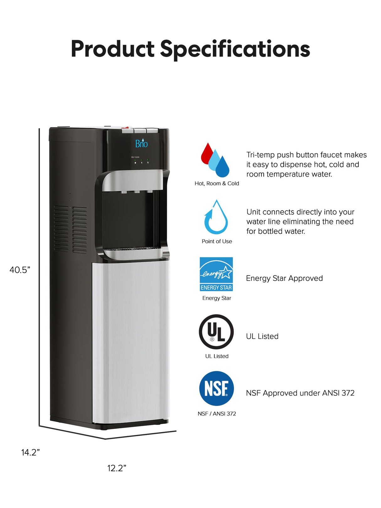 Brio Commercial Grade Bottleless Ultra Safe Reverse Osmosis Drinking Water Filter Water Cooler Dispenser-3 Temperature Settings Hot, Cold & Room Water - UL Approved – Point of Use Brio