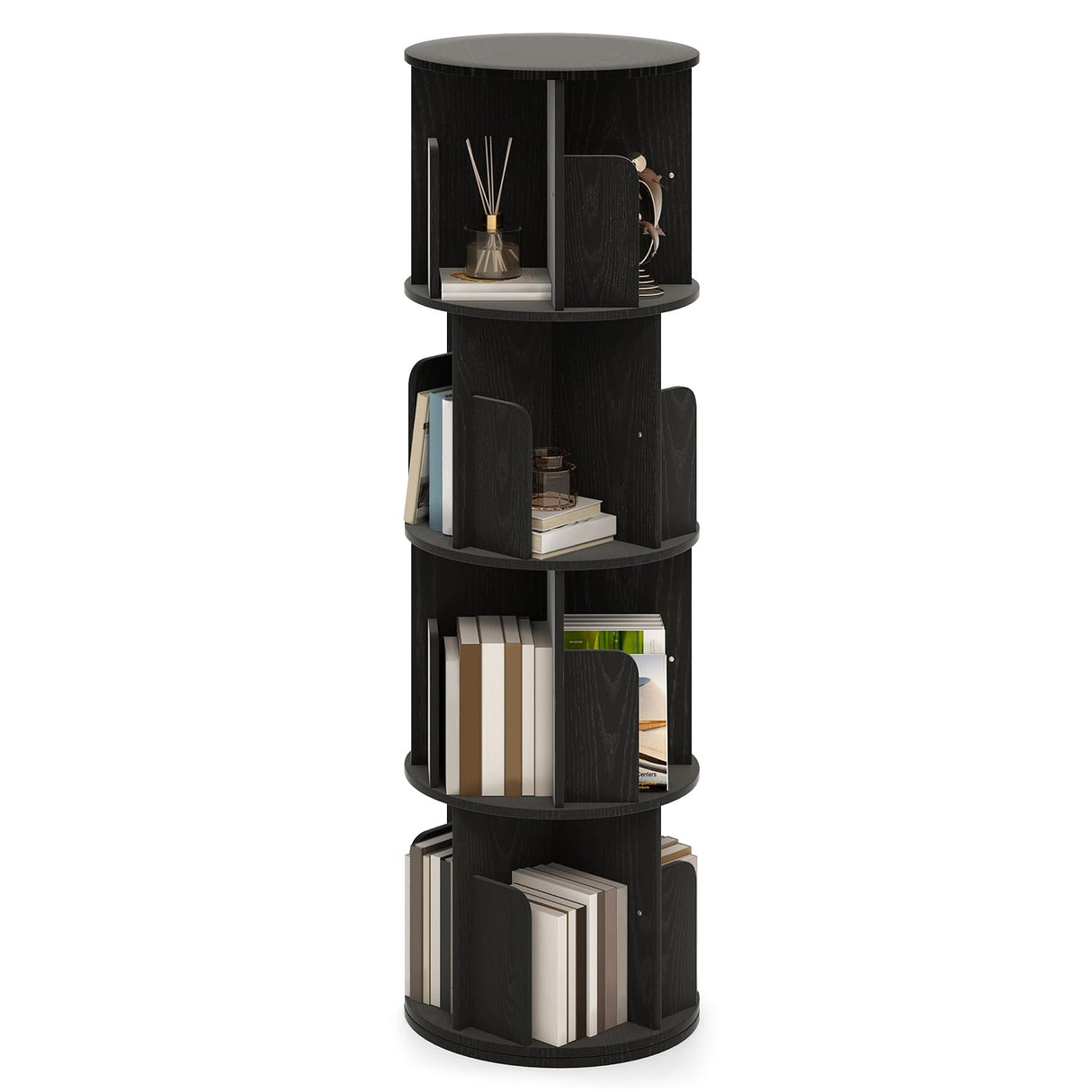 EROMMY Rotating Bookshelf, 4 Tier Spinning Bookshelf Tower, 360° Display Corner Round Bookcase for Small Space, Vertical Wood Narrow Book Shelf Organizer for Bedroom, Living Room, Black EROMMY