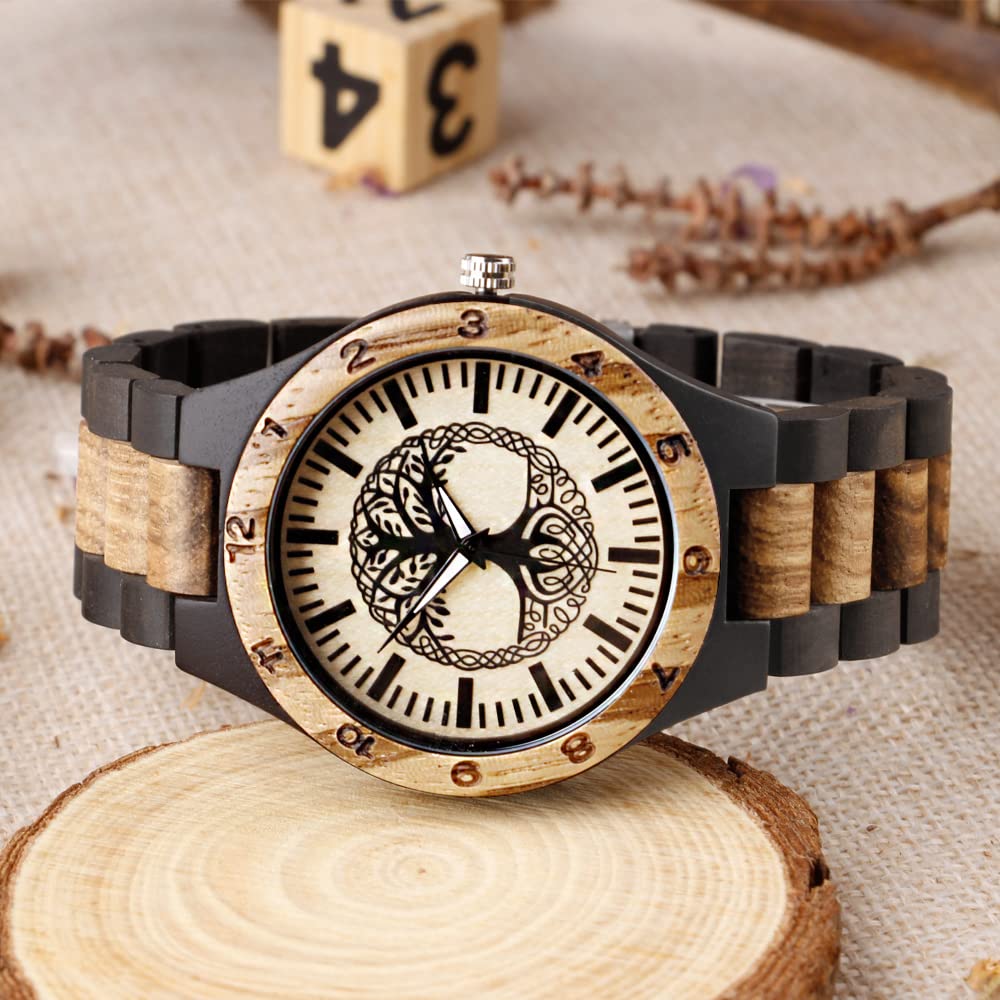 Dentily Men's Wood Watch Engraved Tree of Life Pattern Quartz Watch for Men Hand-Made Wooden Watches Dentily