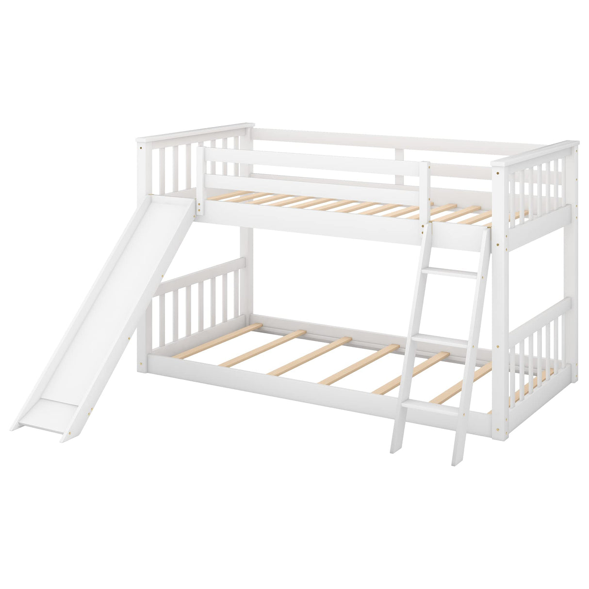 Bellemave Twin Over Twin Low Bunk Bed with Slide and Ladder, Low Bunk Bed for Kids, Girls, Boys, Floor bunk Bed, White Bellemave