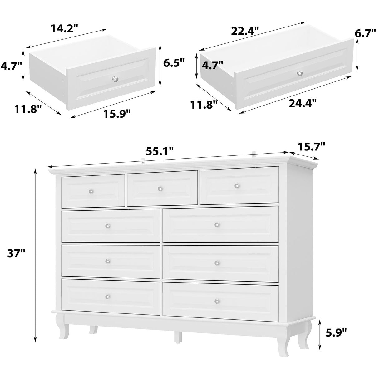 TAMUNE Chest of Drawers 9 Drawer Dresser for Bedroom, Modern White Dresser with Silver Knobs, Wide 9 Drawer Chest with Wood Legs for Bedroom Living Room, 15.7”D x 55.1”W x 37”H TAMUNE