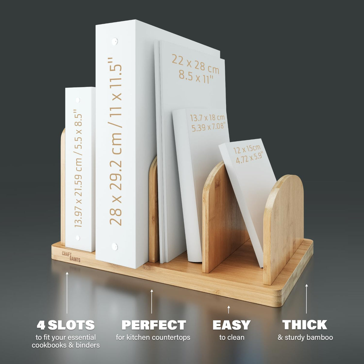 Cook Book Organizer, Recipe Holder Rack, Tabletop Stand for Convenient Cookbook Storage, 4-Slot Stand Kitchen, Binder Holder for Desk & Countertop (Bamboo, 12.6 x 8 7.72'') CraftSaints