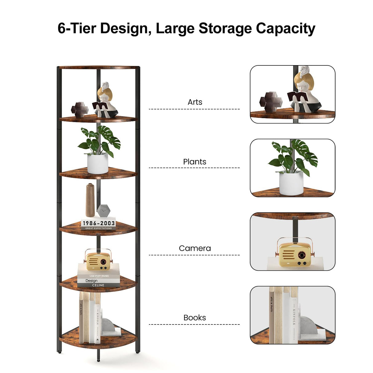IRCPEN 6 Tier Corner Shelf, Industrial 63.1" Tall Ladder Corner Storage Shelf with Adjustable Feet,Rustic Display Rack Multipurpose Bookshelf Bookcase,Plant Stand for Living Room, Bedroom (Brown) IRCPEN