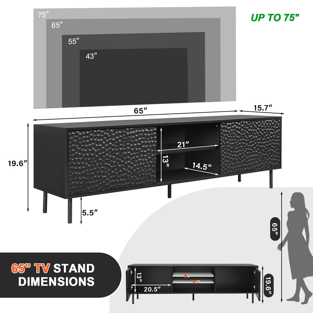 ANJ Modern TV Stand Console with Storage, 63-Inch, Textured Honeycomb Pattern, Black ANJ