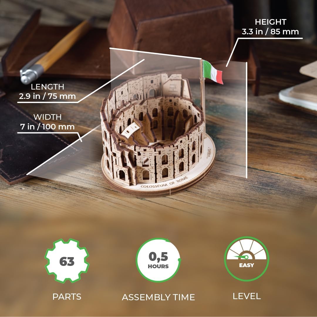 UGEARS Wooden 3D Puzzle Rome Colosseum Model Kit DIY Miniature Craft for Adults Italy Cities Collection 63 Pcs UGEARS