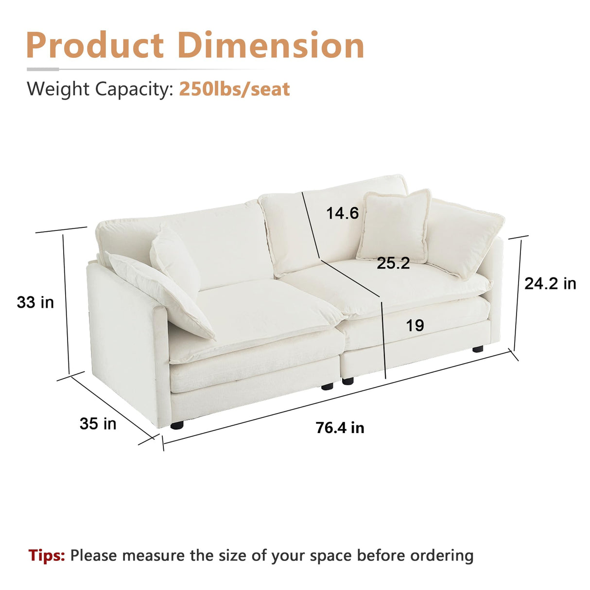 mikibama Luxury Loveseat Sofa Couch, 76" Modern Chenille Deep 2-Seater Cloud Couch with 2 Armrest Pillows and 2 Toss Pillows, Love Seat for Living Room Bedroom Office Apartment, Beige mikibama