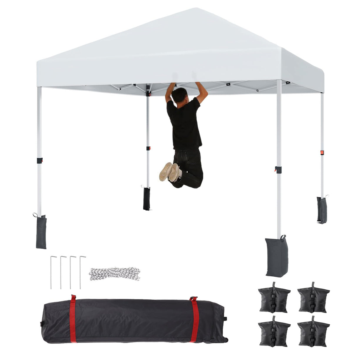 8 * 8FT Pop Up Canopy Tent for One Person Setup,Instant Portable Commercial Canopy Tent,Outdoor Easy Up Tent w/1-Button Push,Wheeled Bag,4 Sandbags,Bonus 8 Stakes and 4 Ropes-White PhoenixCrest