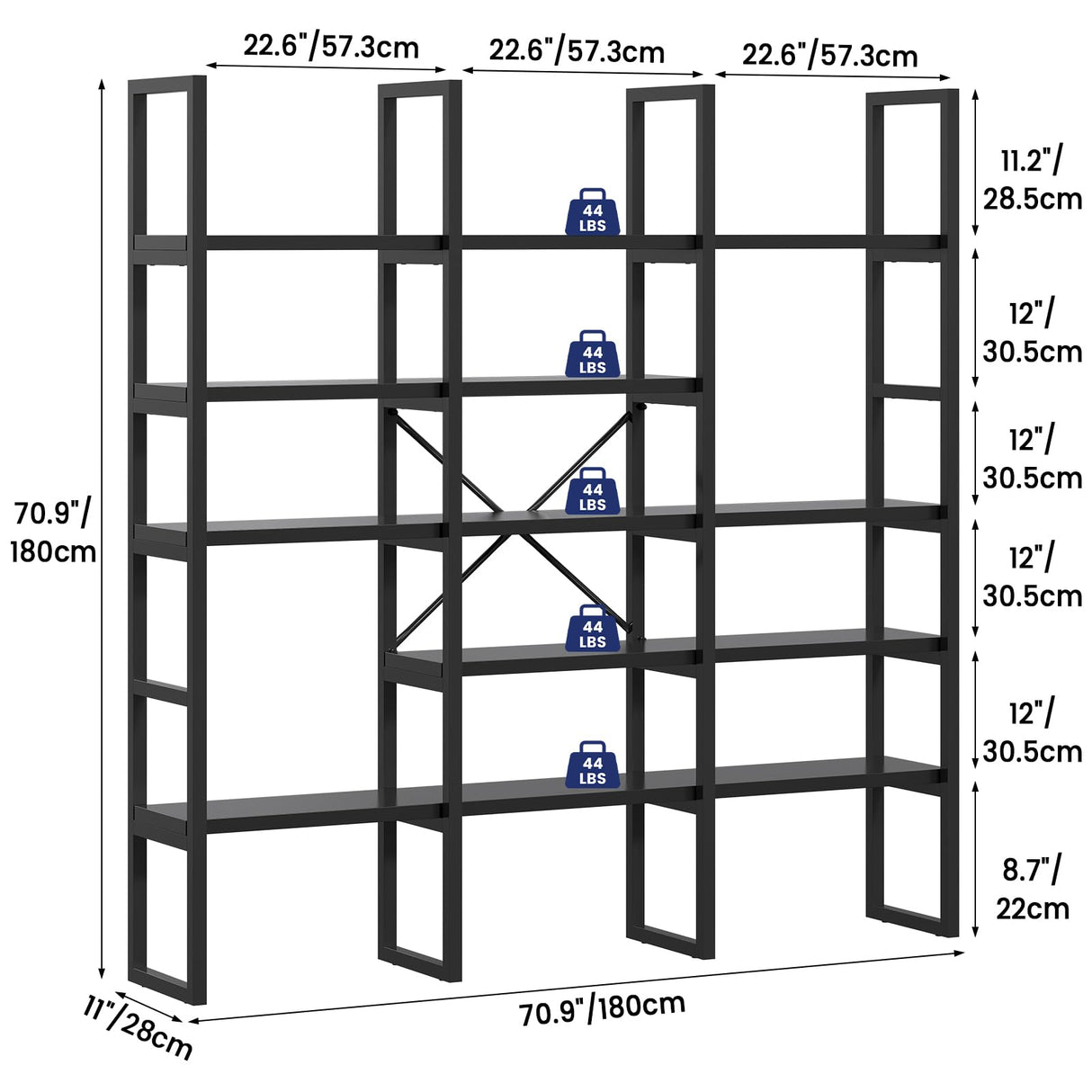 Jehiatek Large Bookshelf 5 Tiers, Triple Wide Geometric Bookcase, 71 Inches Tall Industrial Book Shelves Etagere Book Case, Sturdy Metal Frame, Freestanding Display Shelving Unit, Black Jehiatek