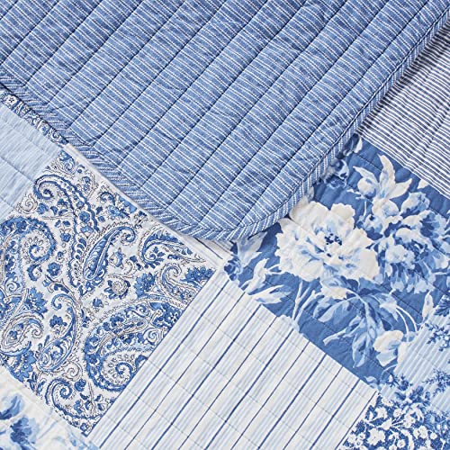 Laura Ashley - Twin Quilt Set, Reversible Cotton Bedding with Matching Sham, Medium-Weight for Year Round Use, Dorm Essentials (Paisley Printed Patchwork Blue) Laura Ashley