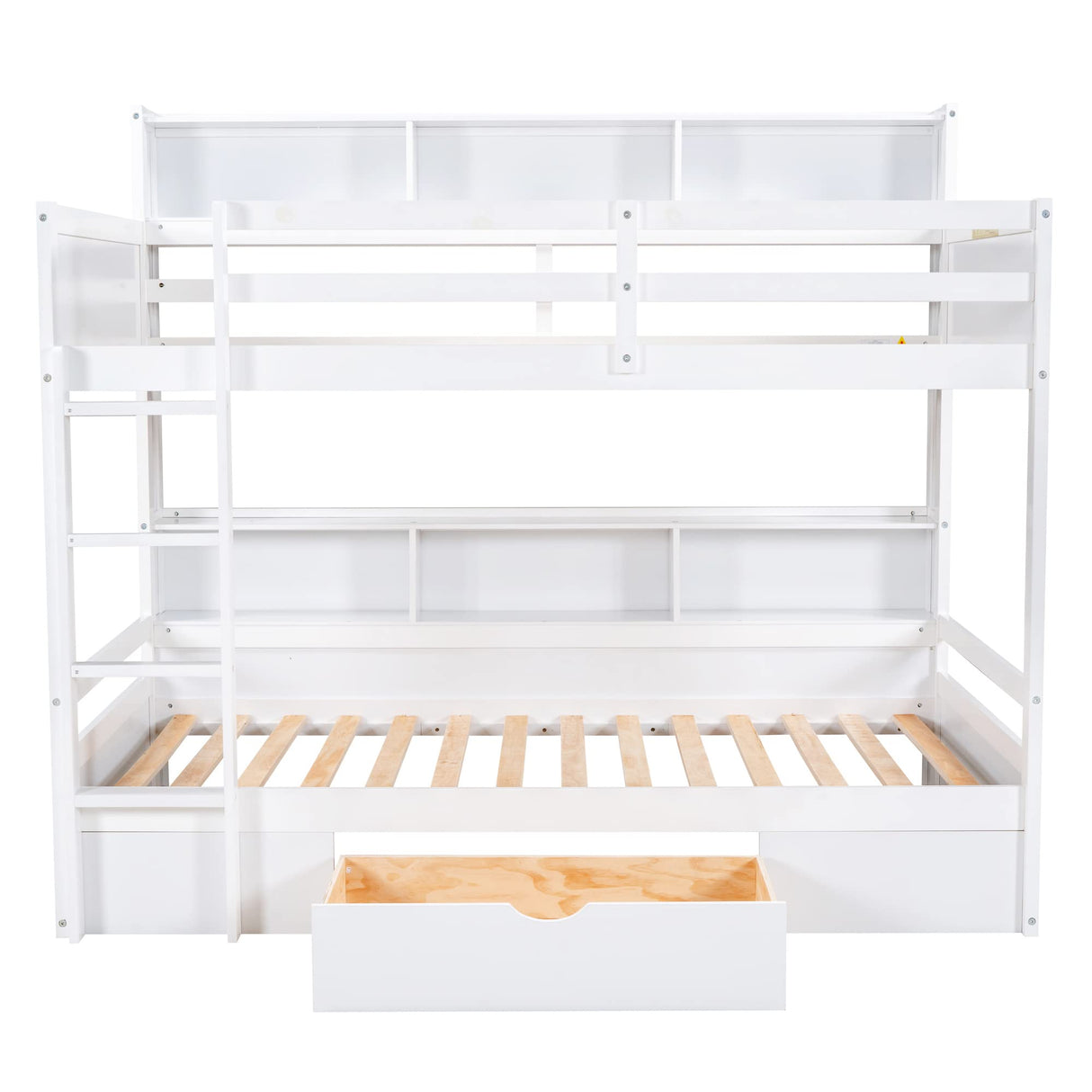 Twin Over Twin Solid Wood Bunk Bed with Storage Drawer and Built-in Shelves by Harper & Bright Designs in White Harper & Bright Designs