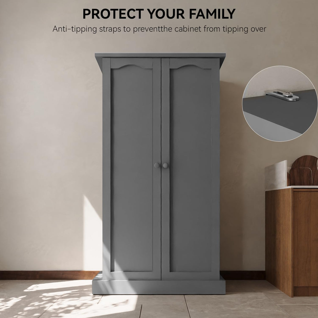 FJTJBSI 50" LED Kitchen Pantry Cabinet with 3 Adjustable Shelves and 2 Doors Wood Pantry Storage Cabinet with Handle for Kitchen Living Room and Dinning Room Grey FJTJBSI