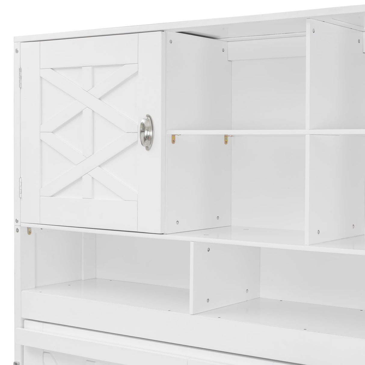 Merax Queen Size Murphy Bed with Ample Storage Shelves, Horizontal Murphy Wall Bed with Diamond Stripes, No Box Spring Needed, White Merax