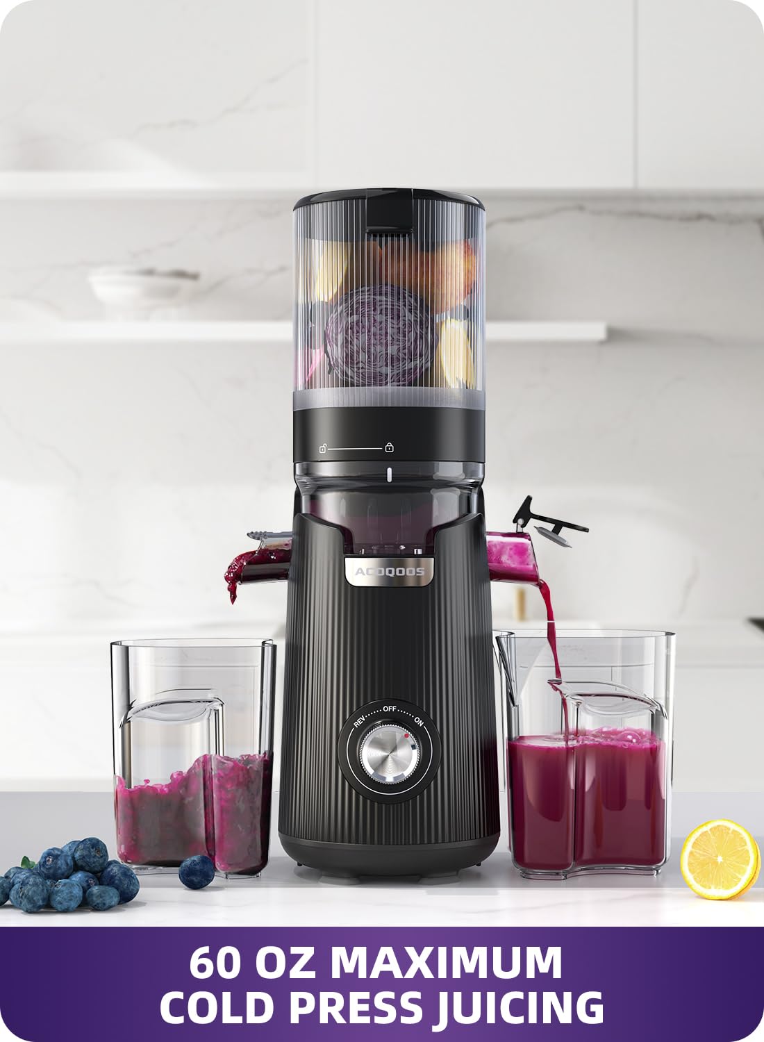 ACOQOOS Juicer Machines, Cold Press Juicer Whole Fruit and Vegetable with 5.3" Wider and Larger Feeding Chute (Capacity 1.8L), Easy to Clean Juicers with 2 Cups, Masticating Juicer Black ACOQOOS
