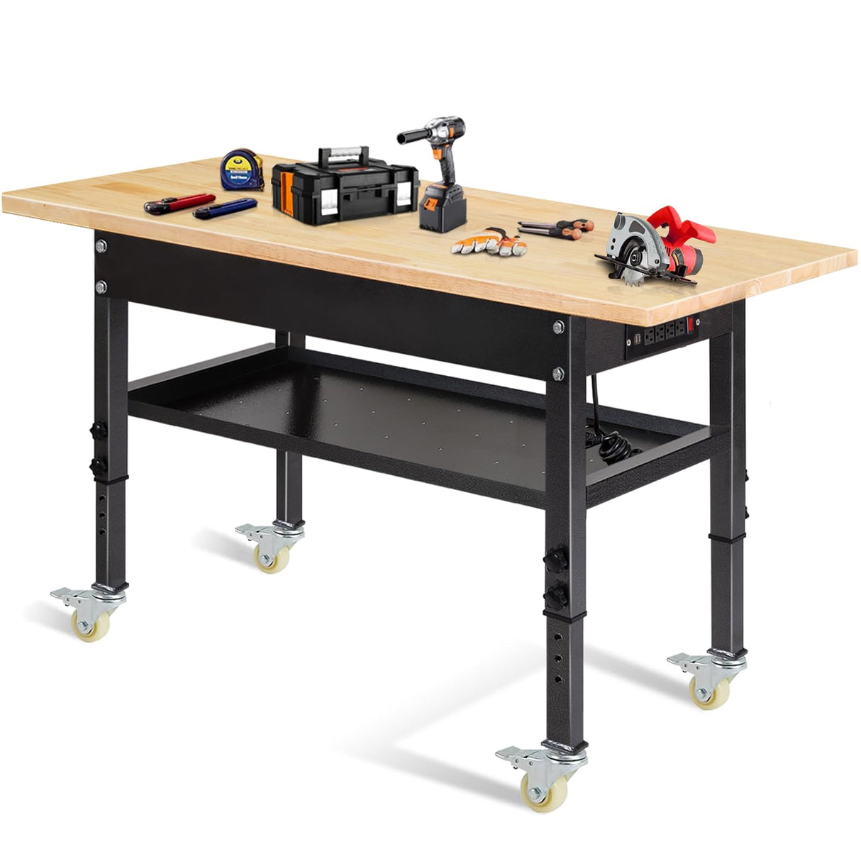 48"/60'' Adjustable Workbench, Rubber Wood Top Work Bench Heavy-Duty Work Table with Power Outlet, Wheels, Partition 2000 LBS Load Capacity Hardwood Work Benches for Garage, Workshop, Home, Office Polar Aurora