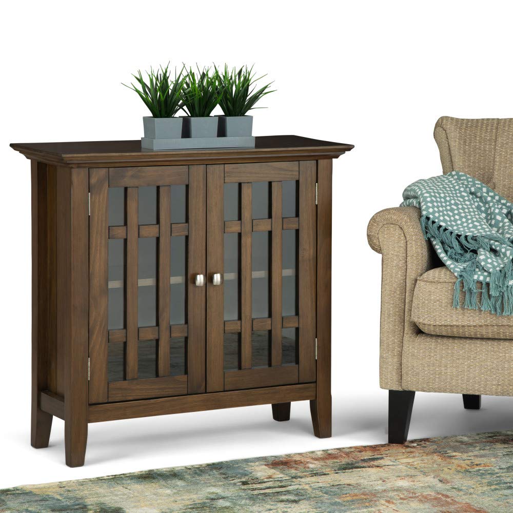SIMPLIHOME Bedford SOLID WOOD 32 inch Wide Transitional Low Storage Media Cabinet in Rustic Natural Aged Brown, with 2 Tempered Glass Doors, 2 SIMPLIHOME