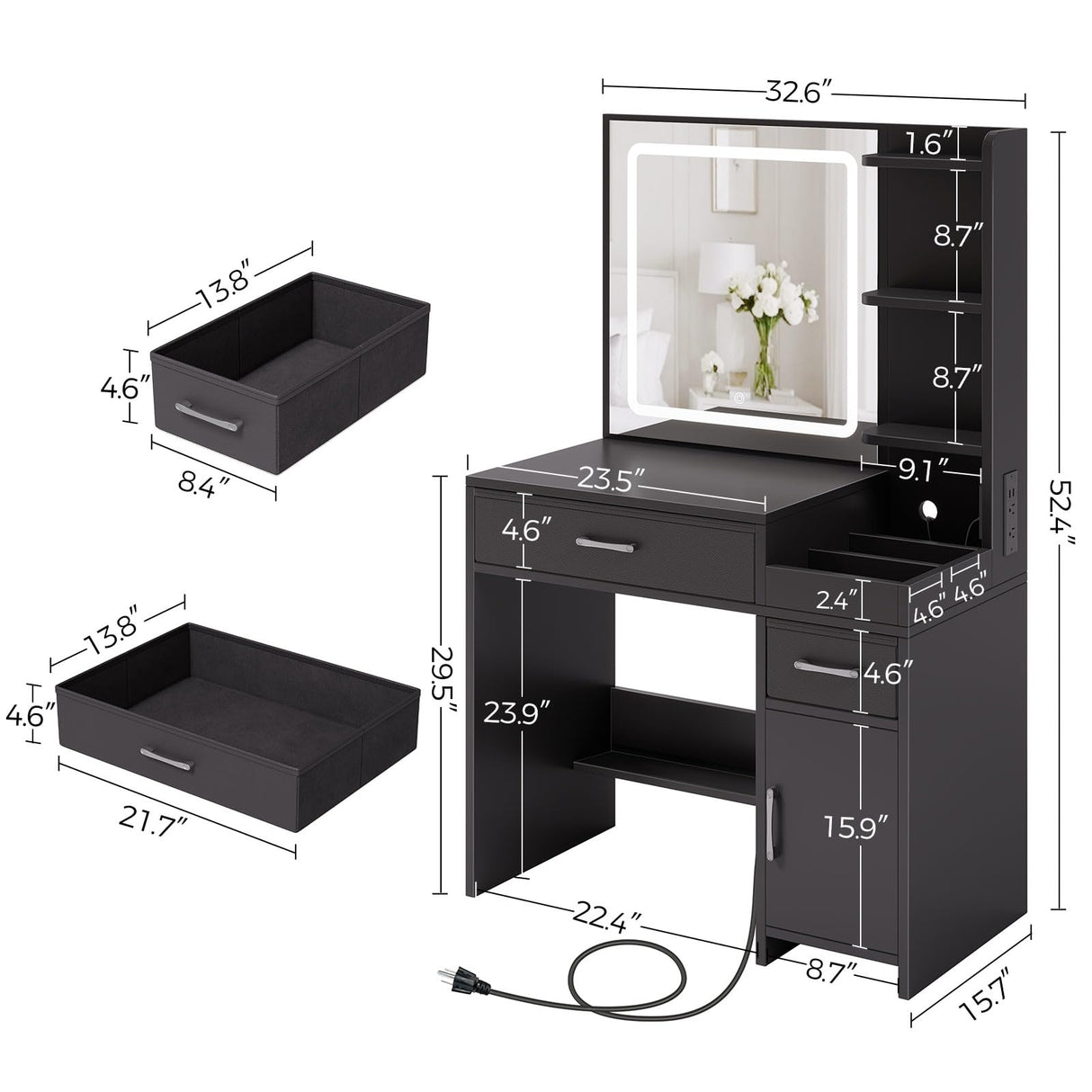 GREENSTELL Vanity Makeup Desk with Mirror and Lights, Makeup Table with Power Strip, 11 Storage Area, 3 Color Mode with Adjustable Brightness, 3 Desktop Compartments, Dressing Table, 32.6",Black GREENSTELL