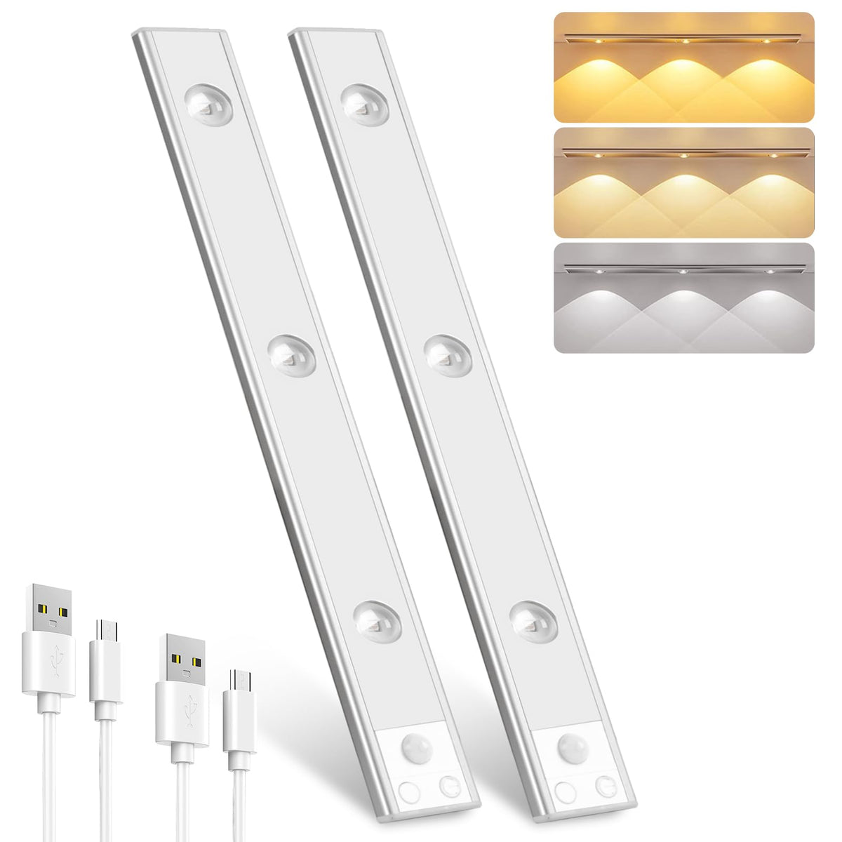 Pak Under Cabinet Lights, Rechargeable Motion Sensor Light Indoor, Wireless and 3-Color Dimmable with Cat’s Eye Hill Effect, for Display Cabinets, Showcases, Wine Racks, 2 Pack, Silver Pak