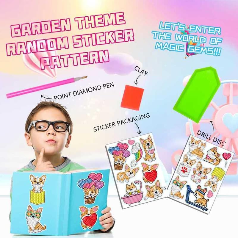 MEGZIHXN Kawaii Diamond Art Stickers,Corgi Puppy Peach Butt Sports Bath Hot Air Balloon Rainbow Love with Holographic Stickers Gem Painting Diamond Art Kits for Kids MEGZIHXN