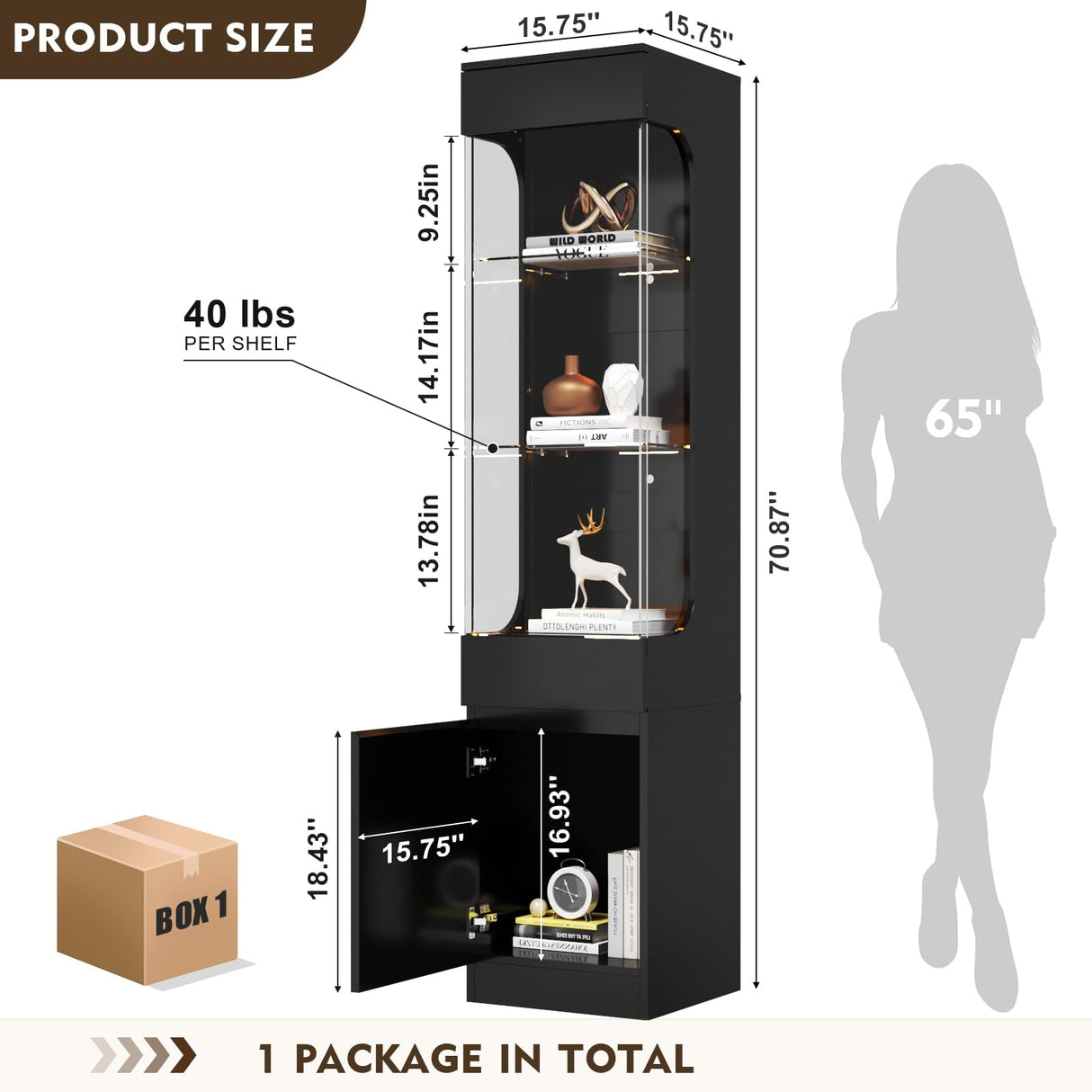 MEISSALIVVE Glass Display Cabinet, 3-Tier Display Case with 7 Color Led Lights, 70.87''H Lighted Curio Cabinet for Collectibles, Trophy, High Gloss, Black MEISSALIVVE