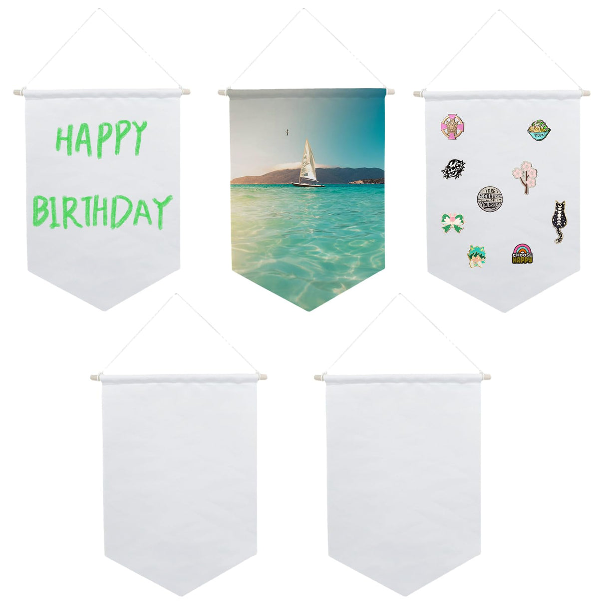 Wall Hanging Canvas Banners, 5 Pack Sublimation Blank Fabric Pennant Flag Plain Wall Decor Display for Play Room Sign, Boy & Girl Bedroom, Pin Organizer Wall Banner for Enamel Lapel Badge Collection HeKimLee
