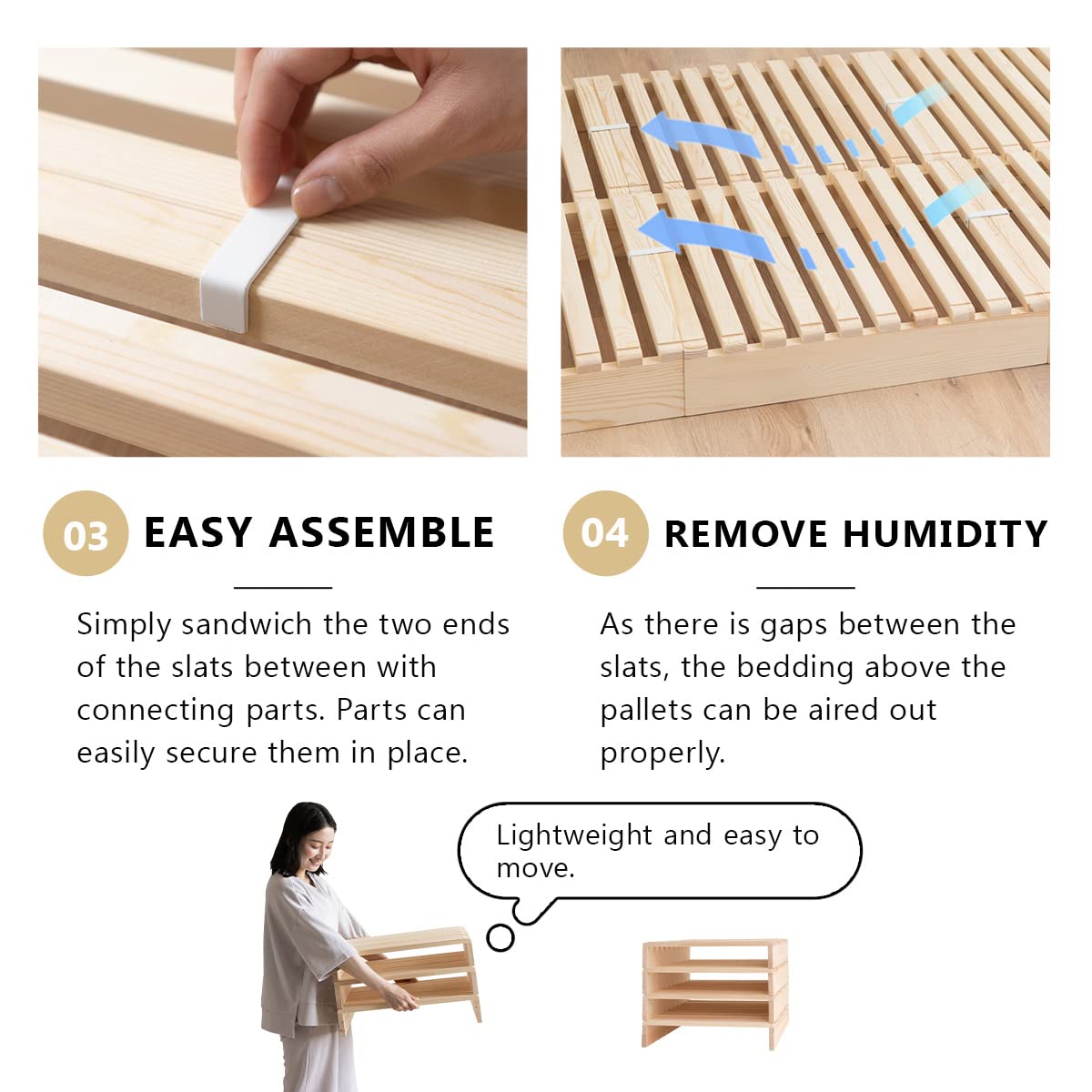 EMOOR Pallet Bed Slats 4 Pieces (for Additional Purchase) Pine Wood Natural, Japanese Futon Mattress Floor Sleeping Tatami Mat EMOOR